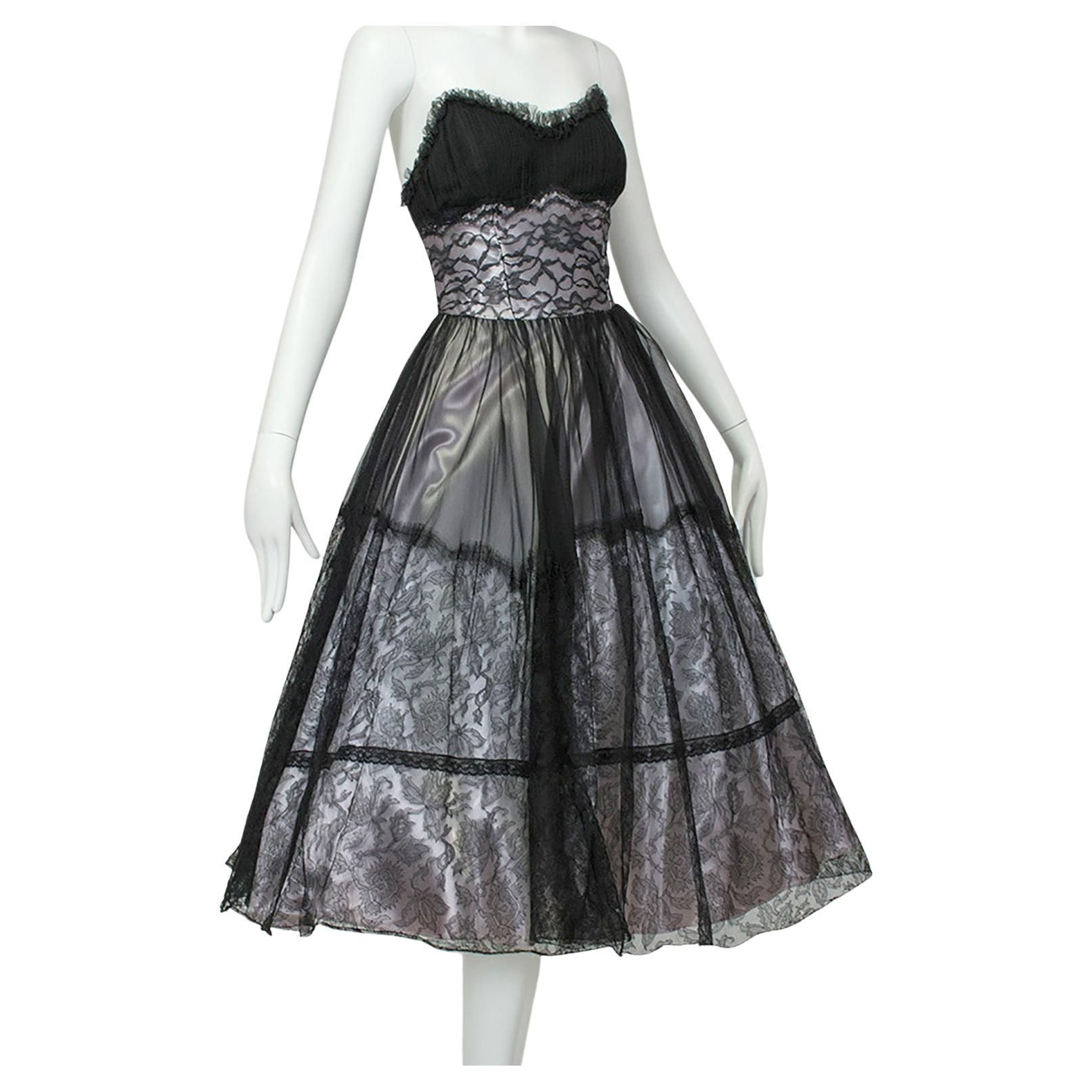 Black and Silver *Larger Size* Ombré New Look Strapless Party Dress – L, 1950s For Sale