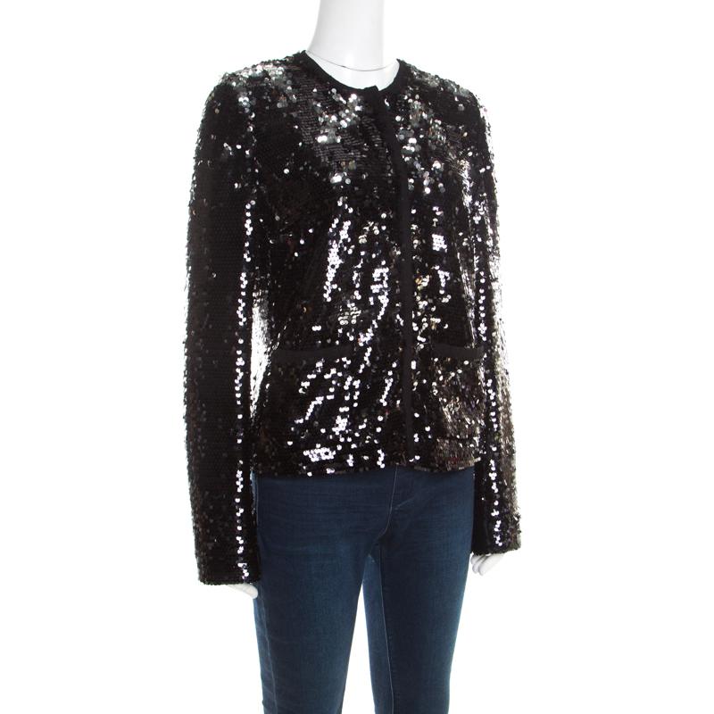 Black and Silver Sequin Pailette Embellished Frayed Trim Jacket M In Good Condition In Dubai, Al Qouz 2