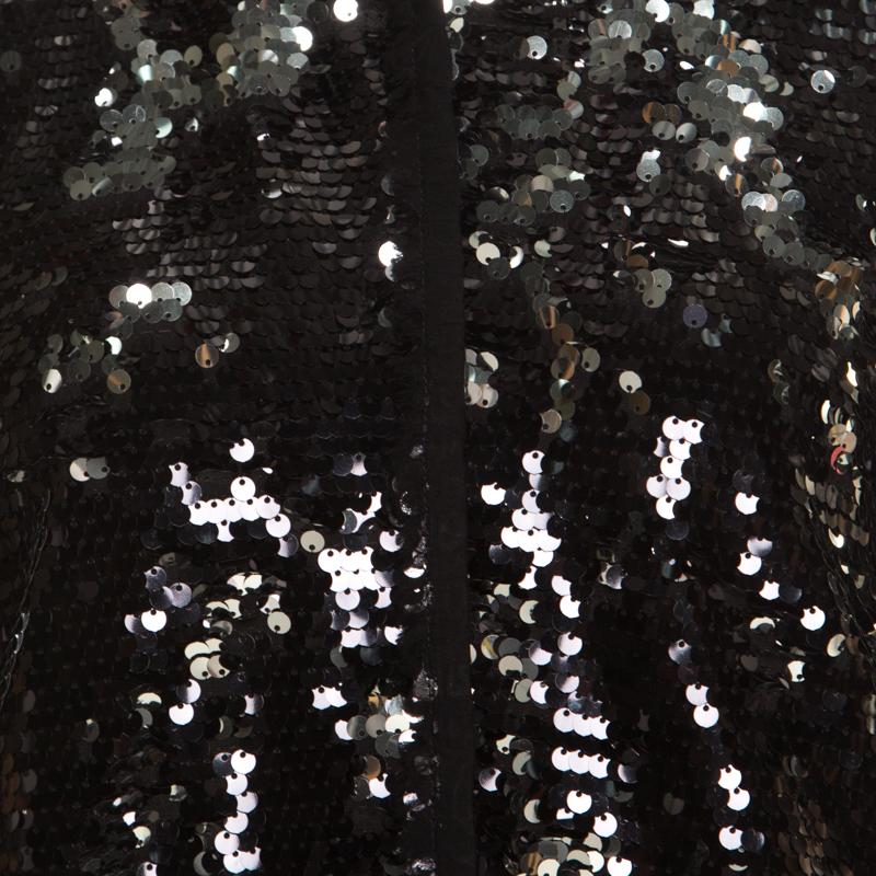 Women's Black and Silver Sequin Pailette Embellished Frayed Trim Jacket M