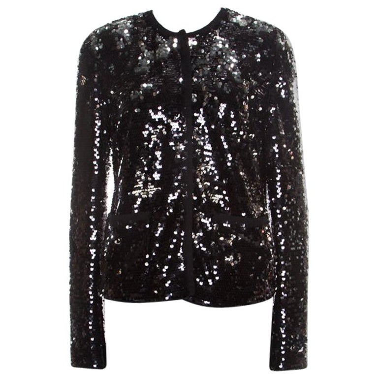 Black and Silver Sequin Pailette Embellished Frayed Trim Jacket M For ...