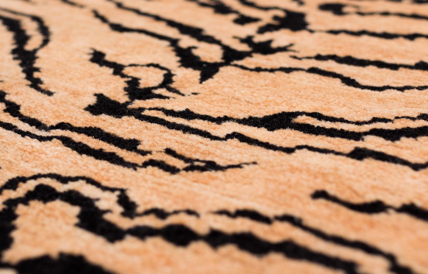 Tibetan Black and Tan Handmade Wool Tiger Print Accessory Runner Rug by Joseph Carini For Sale