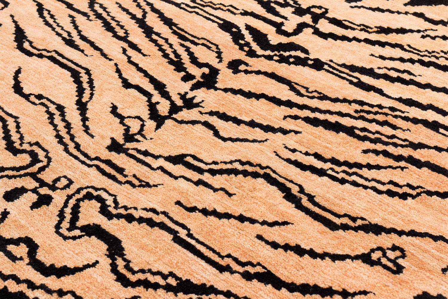 Nepalese Black and Tan Handmade Wool Tiger Print Accessory Runner Rug by Joseph Carini For Sale