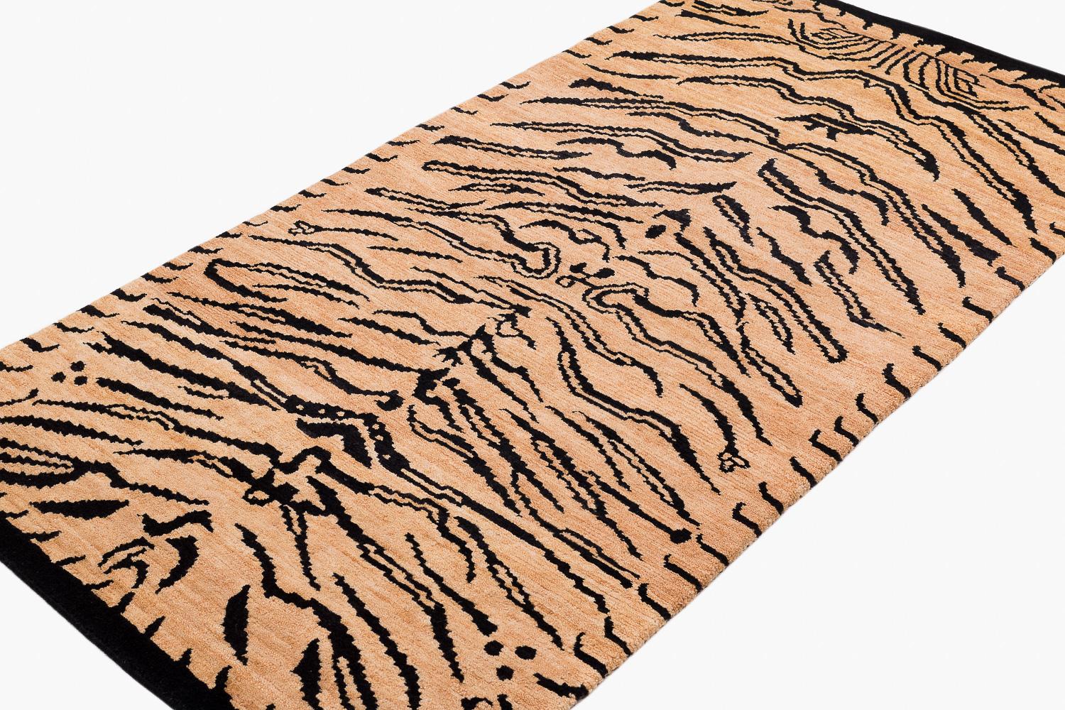 Vegetable Dyed Black and Tan Handmade Wool Tiger Print Accessory Runner Rug by Joseph Carini For Sale