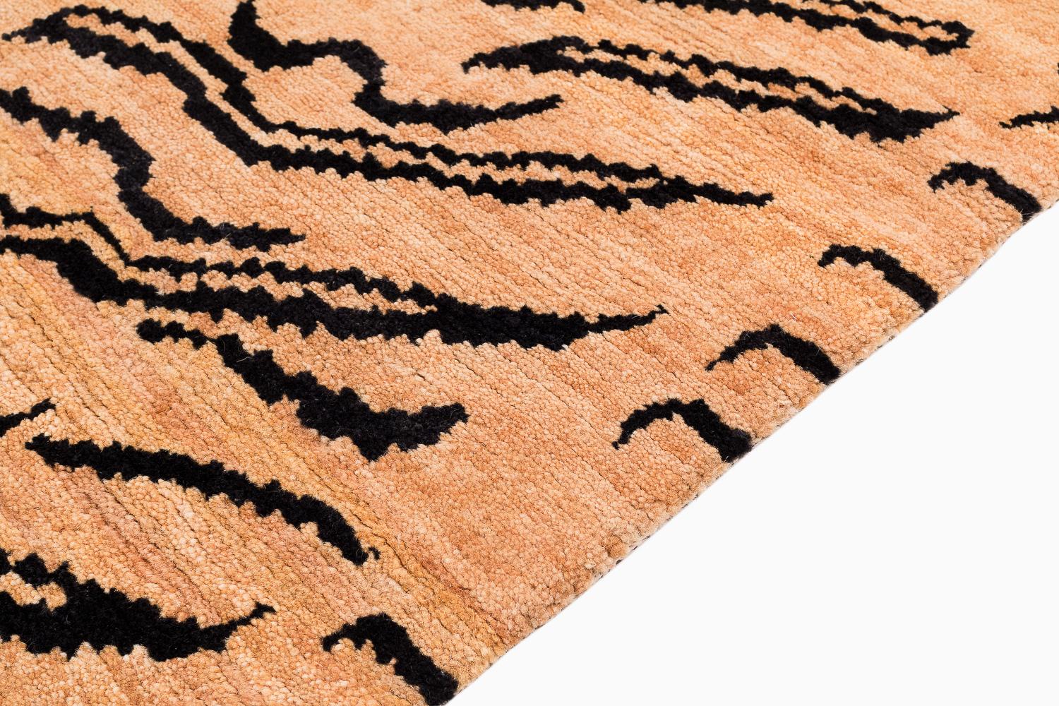 Black and Tan Handmade Wool Tiger Print Accessory Runner Rug by Joseph Carini In New Condition For Sale In New York, NY