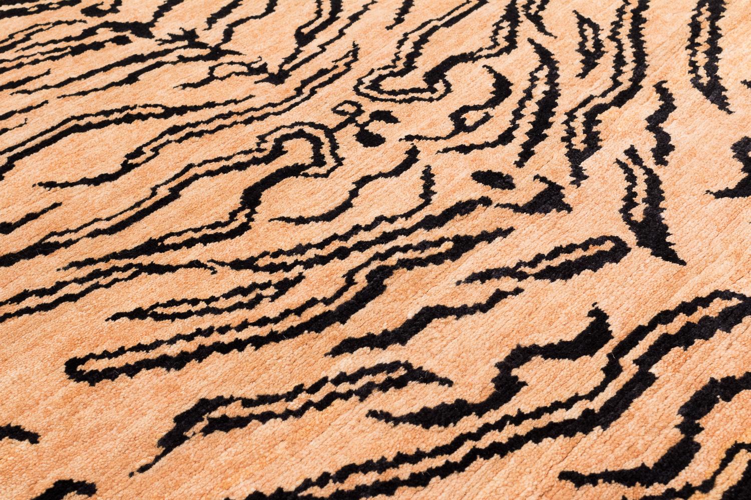 Contemporary Black and Tan Handmade Wool Tiger Print Accessory Runner Rug by Joseph Carini For Sale