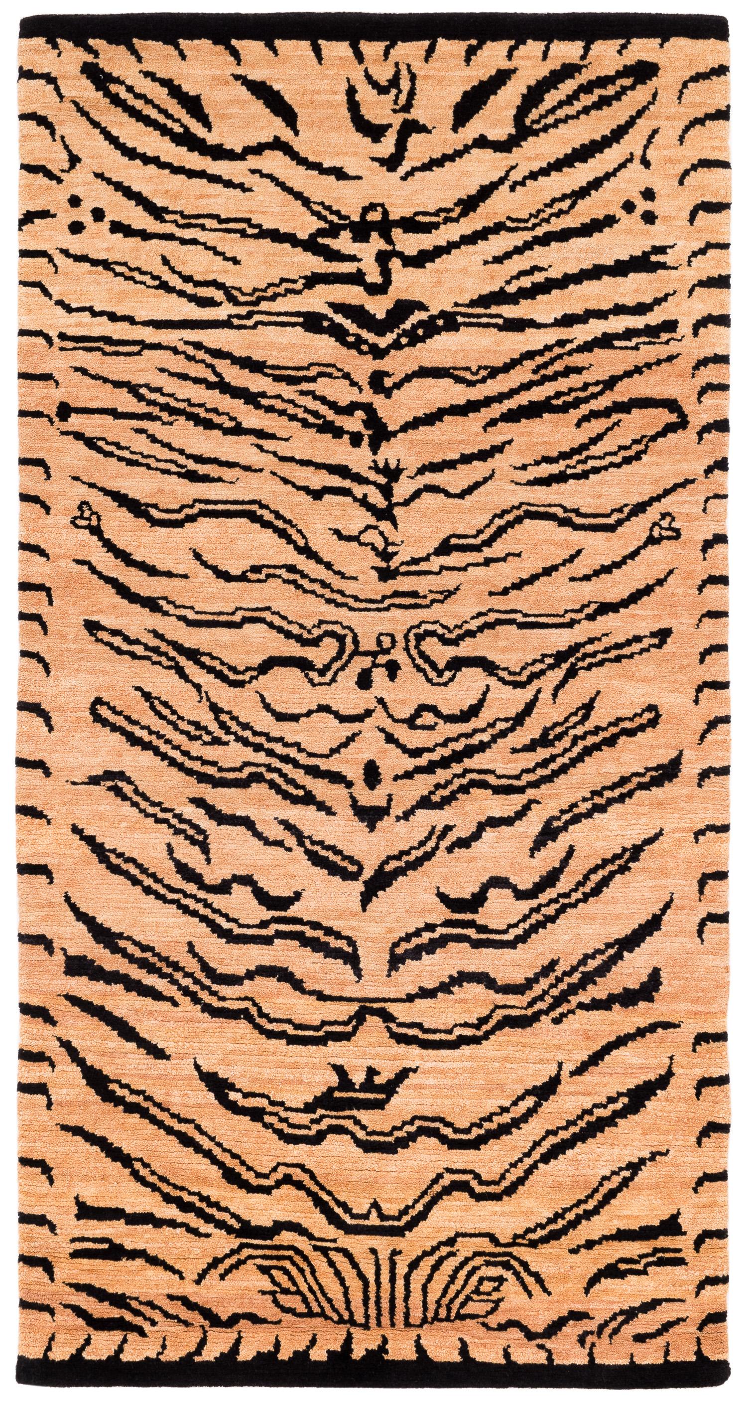 Black and Tan Handmade Wool Tiger Print Accessory Runner Rug by Joseph Carini For Sale 2
