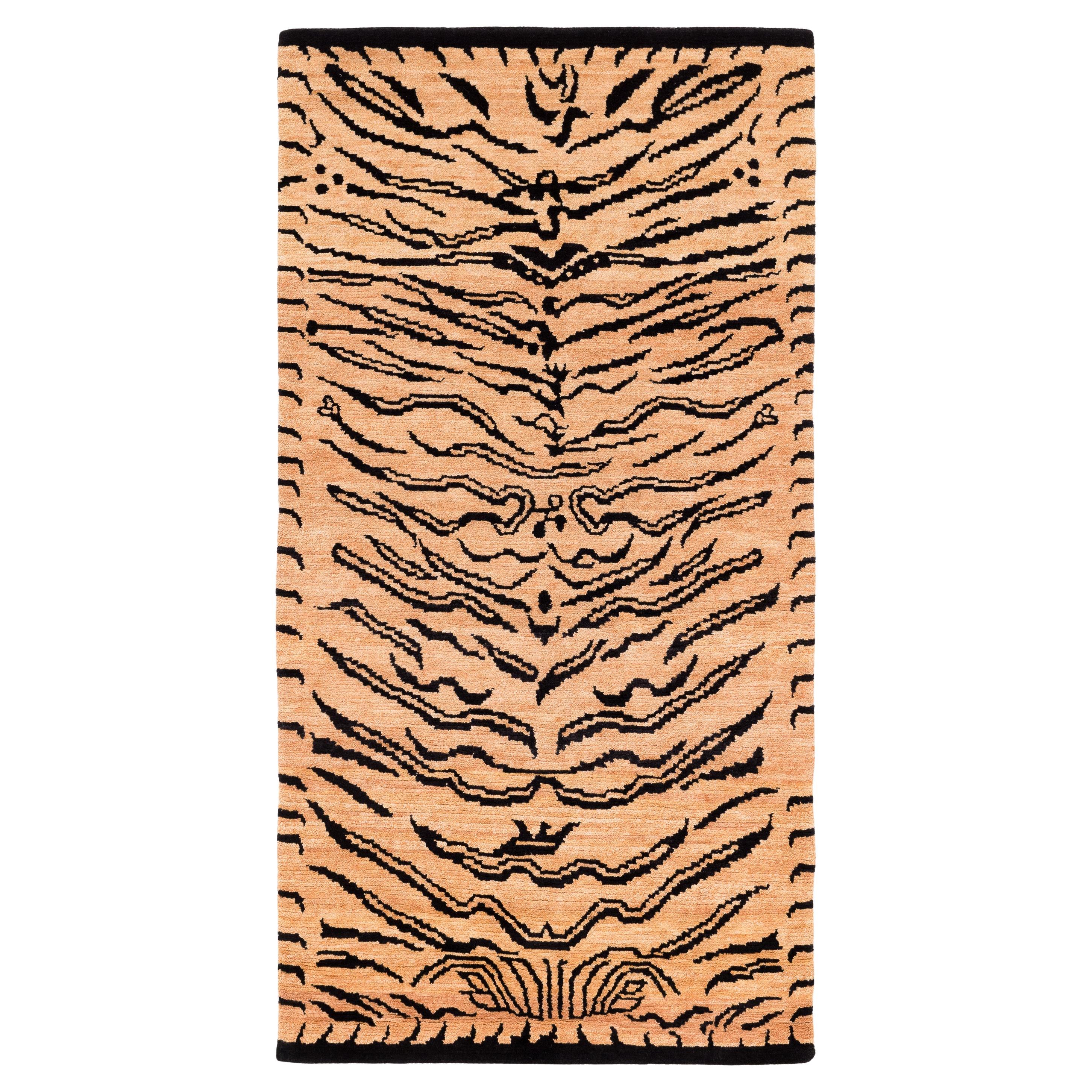 Black and Tan Handmade Wool Tiger Print Accessory Runner Rug by Joseph Carini