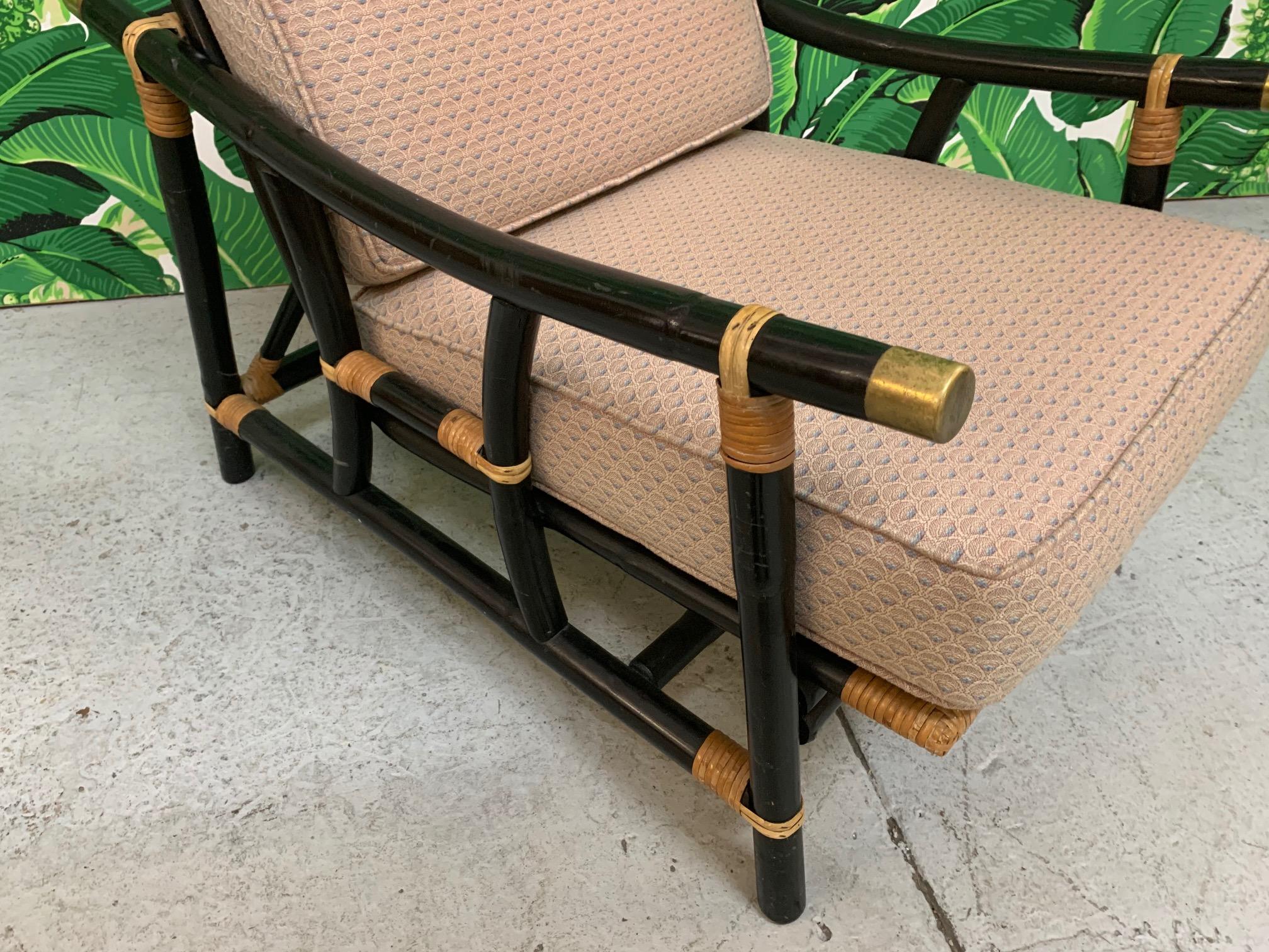 Hollywood Regency Black and Tan Rattan Lounge Chair