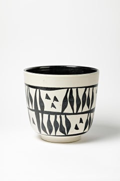 Black and White 20th Century Ceramic Planter Cachepot Vase by Elchinger, 1950