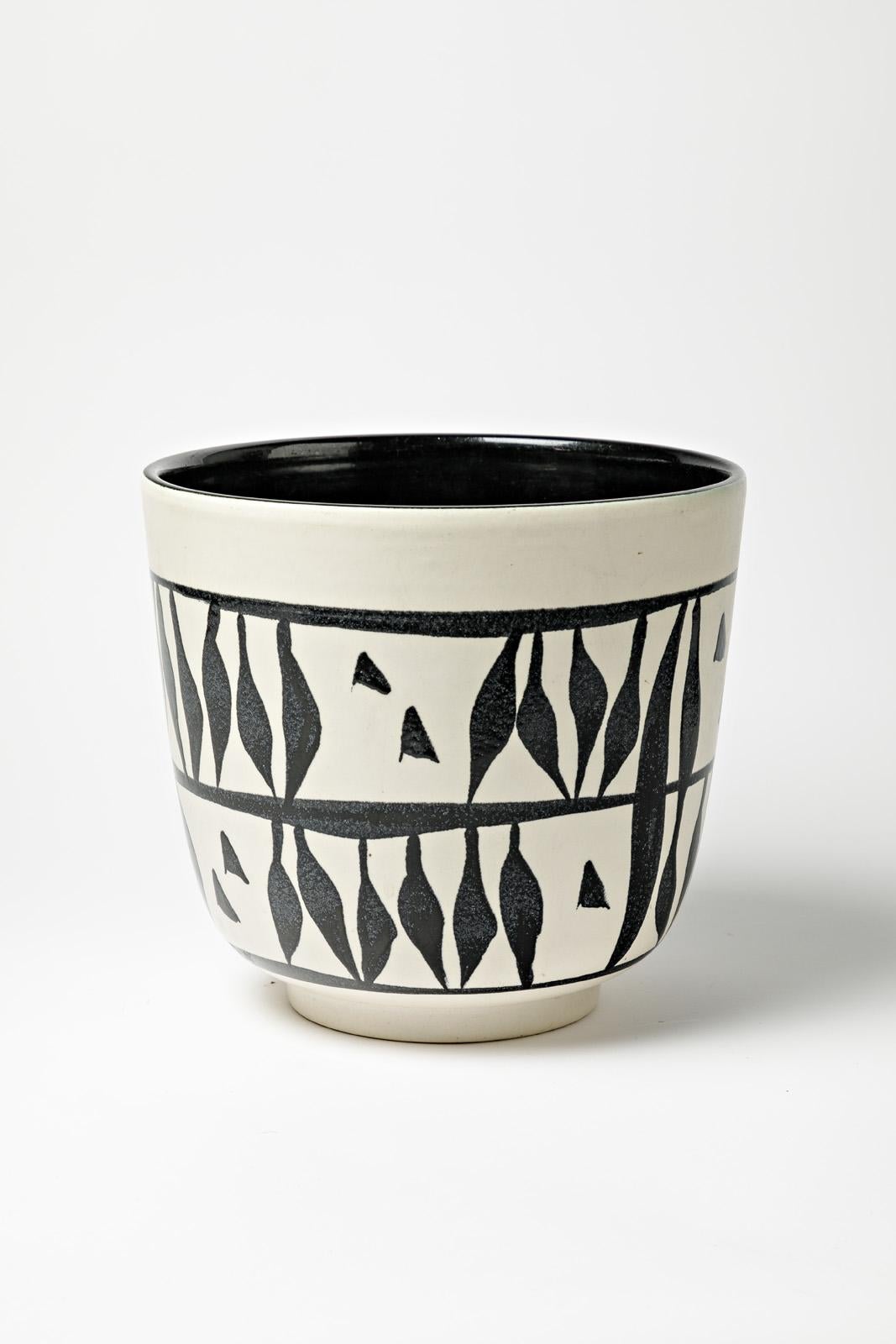 Mid-Century moderno Vaso Cachepot in ceramica del XX secolo in bianco e nero di Elchinger, 1950 in vendita