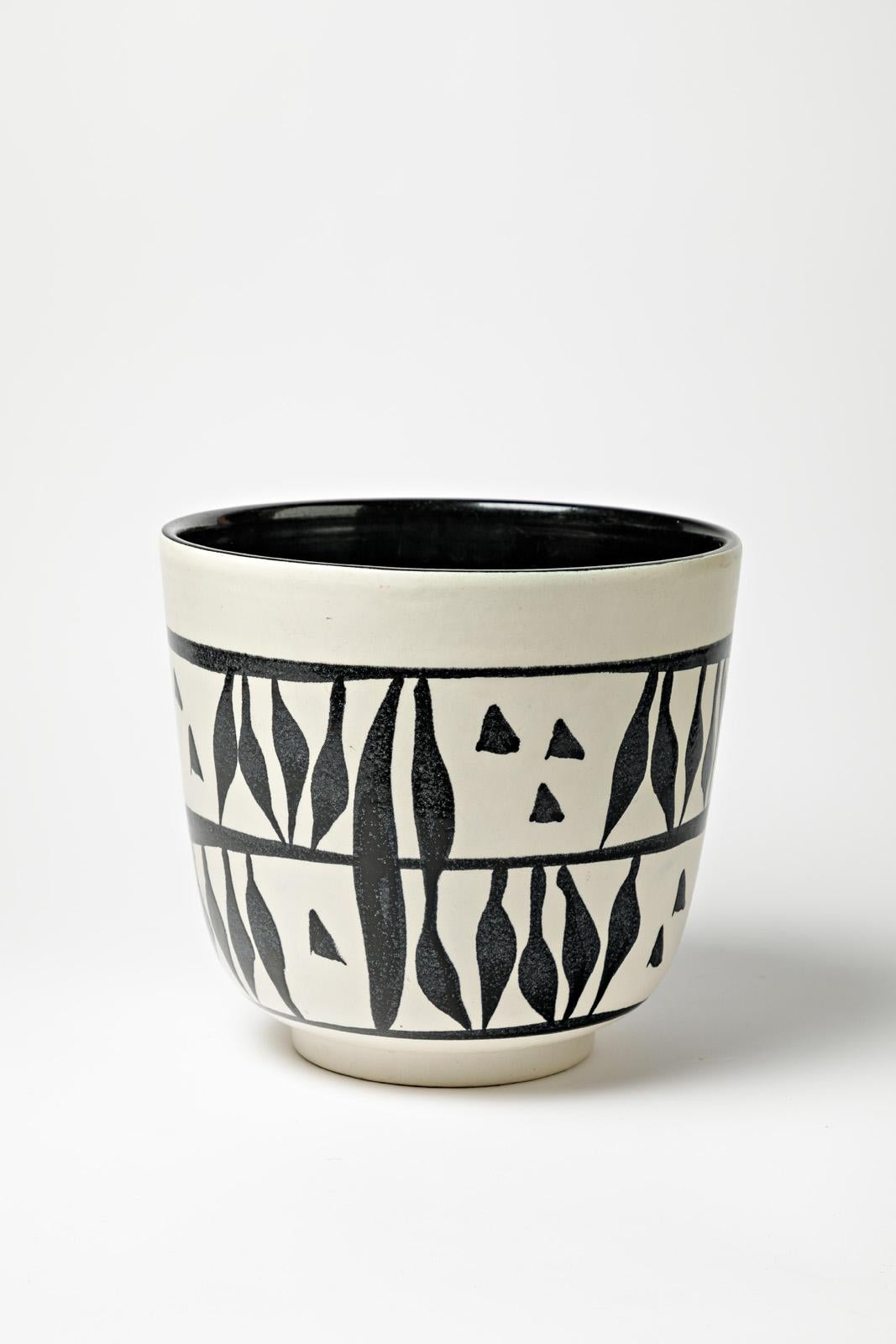 Mid-Century Modern Black and White 20th Century Ceramic Planter Cachepot Vase by Elchinger, 1950 For Sale