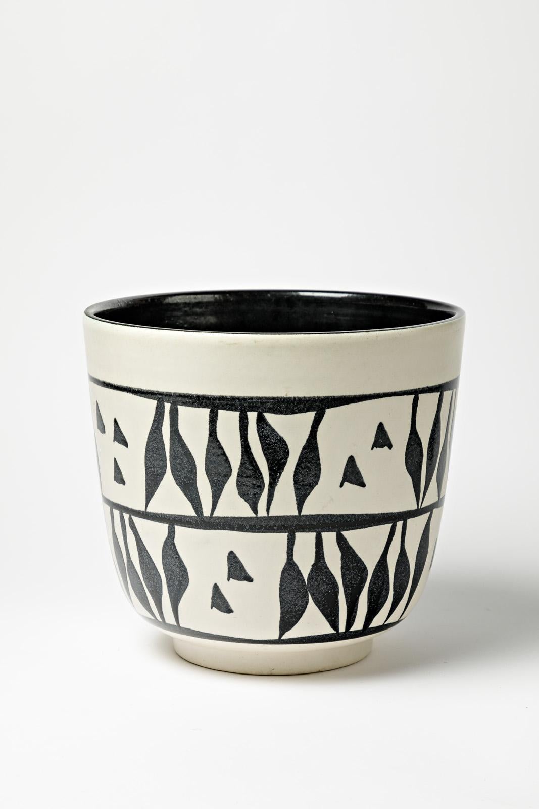 French Black and White 20th Century Ceramic Planter Cachepot Vase by Elchinger, 1950 For Sale