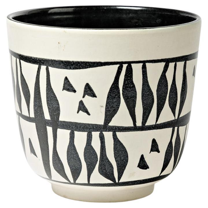 Black and White 20th Century Ceramic Planter Cachepot Vase by Elchinger, 1950 For Sale