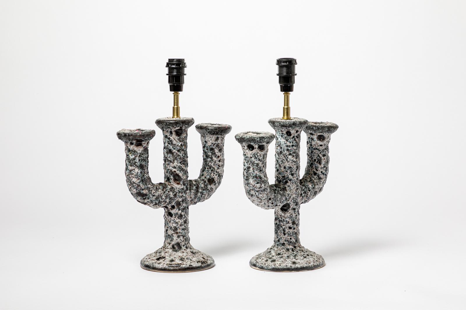 Français noir et blanc paire de lampes de table en céramique design du 20TH CENTURY DESIGN Dieulefit 1960 en vente