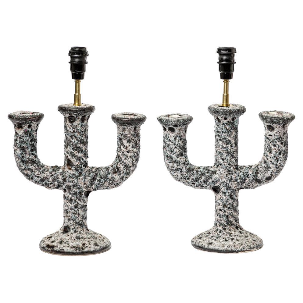 black and white 20th century design pair of ceramic table lamps Dieulefit 1960