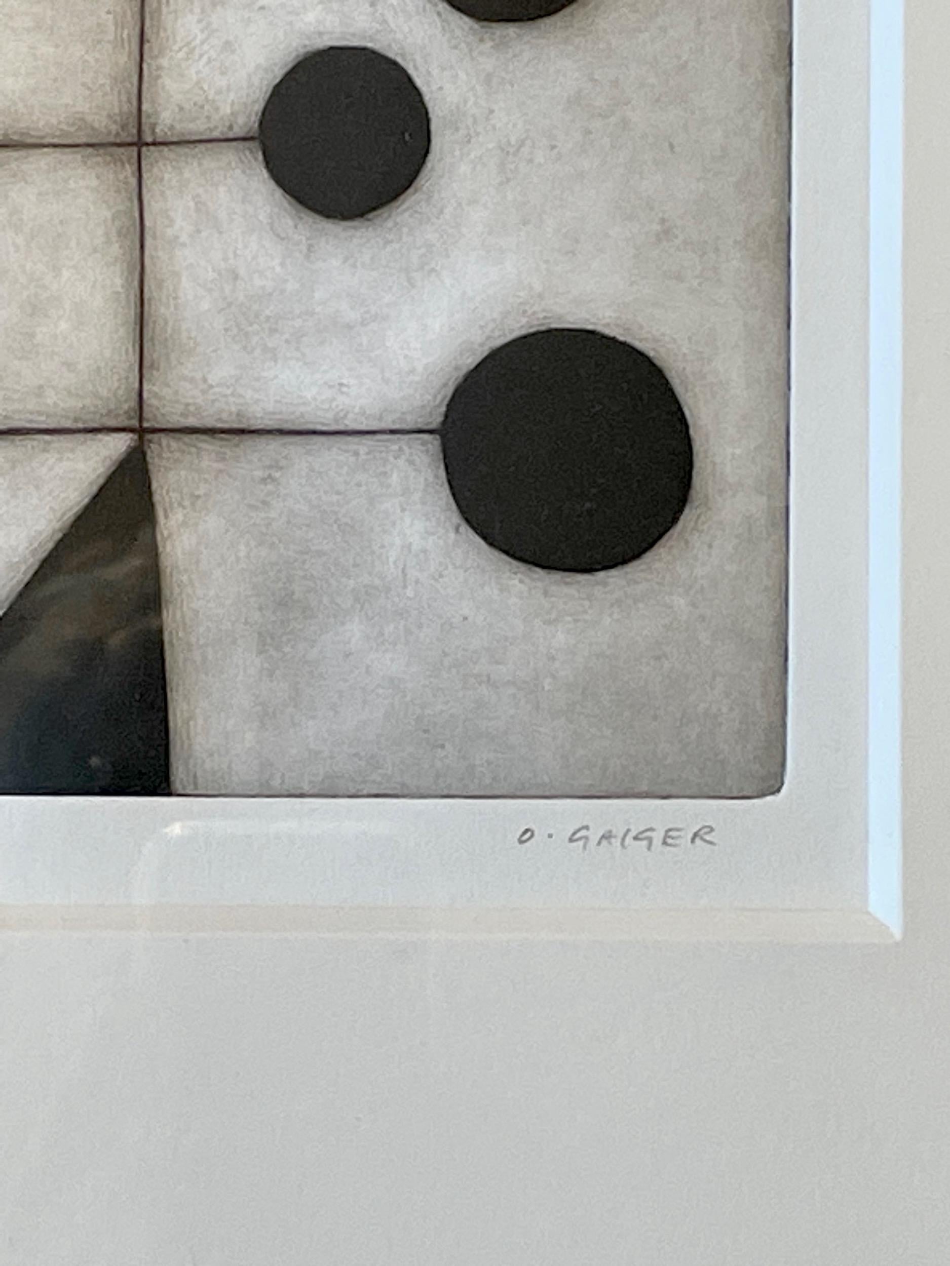 Contemporary abstract black and white etching by English artist Oliver Gaiger.
Matted and framed in a black wood frame.
Part of a large collection of black and white etchings by the artist
Oliver Gaiger was born in 1972 in Uganda and lives and