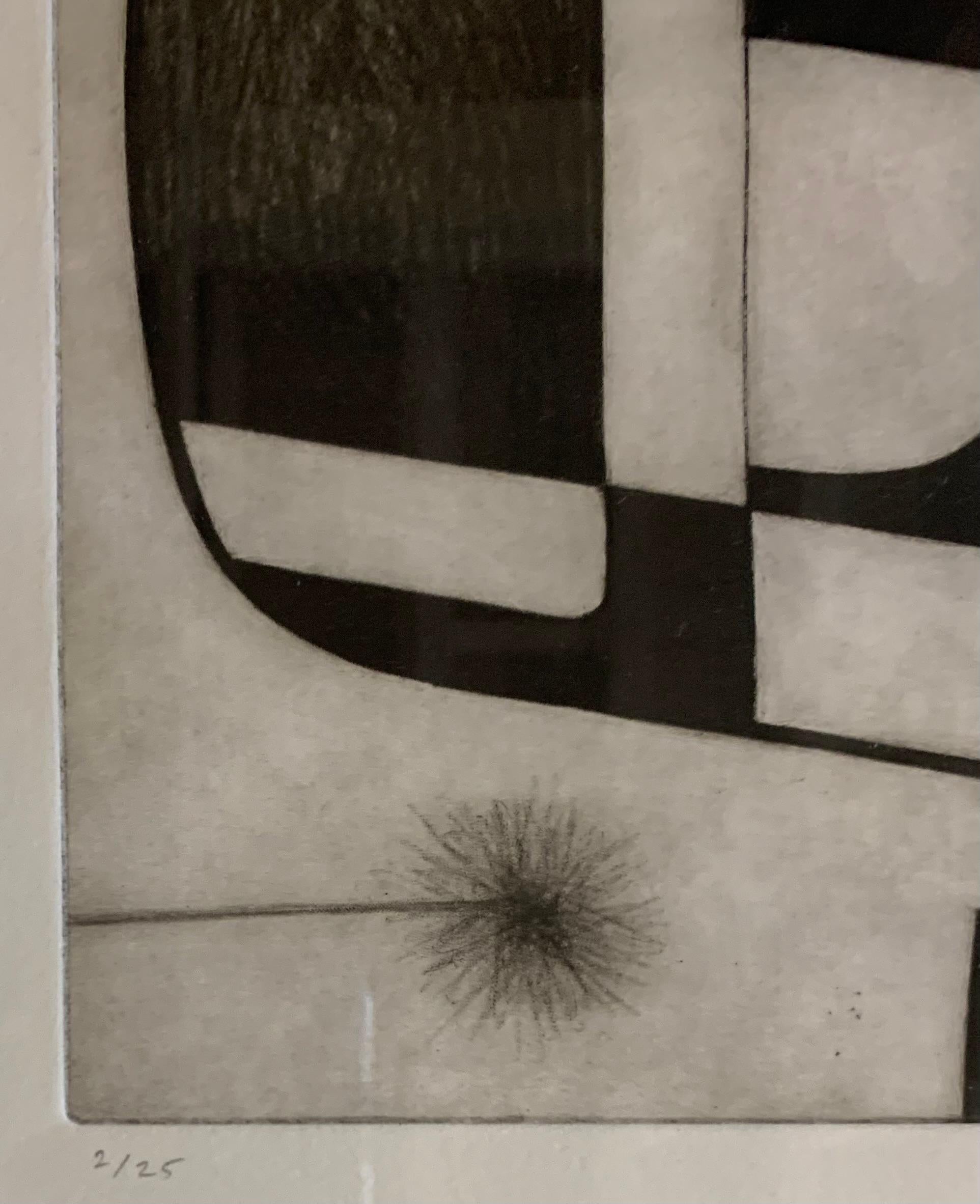 Contemporary abstract black and white etching by English artist Oliver Gaiger.
Matted and framed in a black wood frame.
Part of a large collection of black and white etchings by the artist.
Oliver Gaiger was born in 1972 in Uganda and lives and