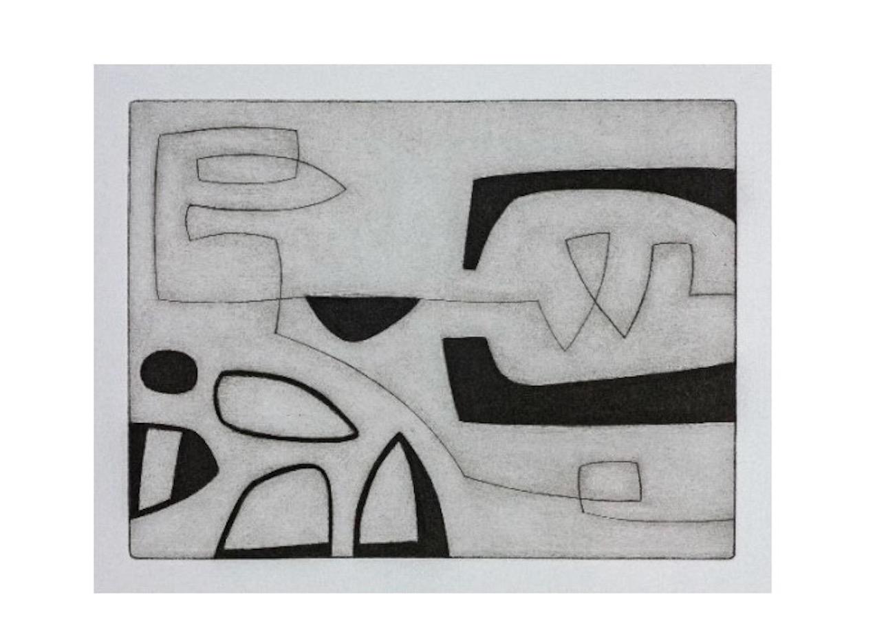 Grabado abstracto contemporáneo en blanco y negro del artista inglés Oliver Gaiger.
Se llama 