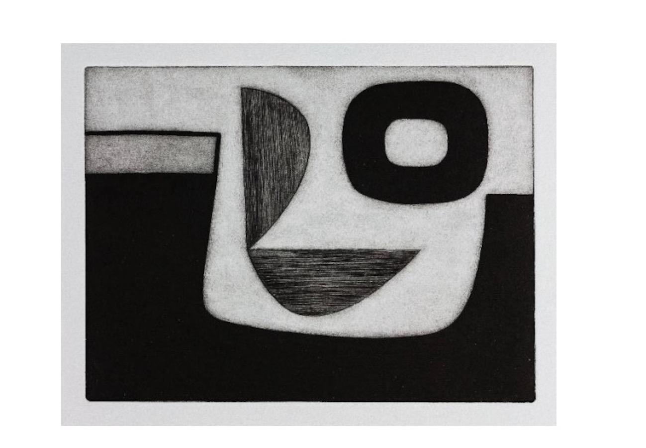 Contemporary abstract black and white etching by English artist Oliver Gaiger.
Named 