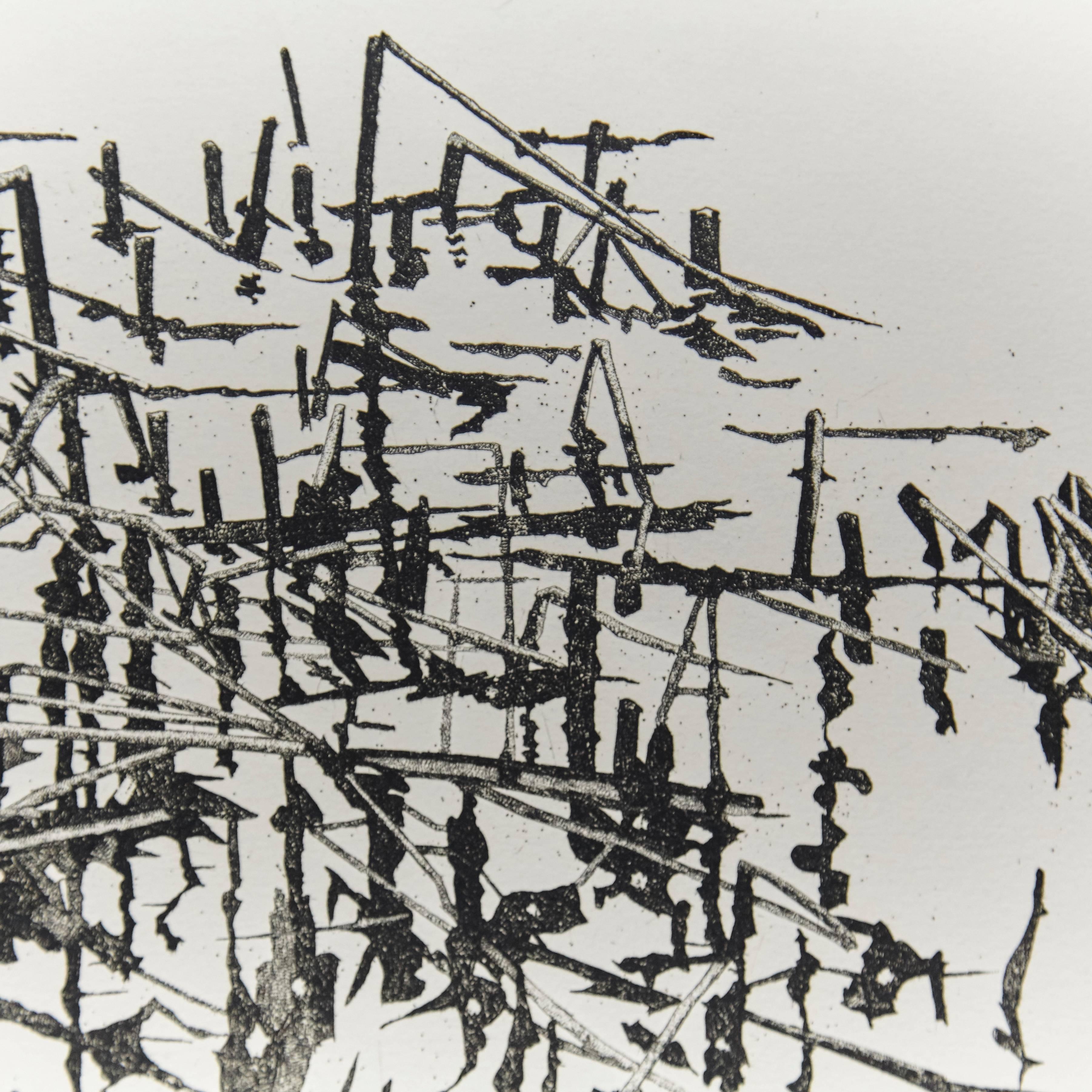 Abstrakte Schwarz-Weiß-Radierung eines unbekannten Künstlers, Holland, um 1980 (Ende des 20. Jahrhunderts)