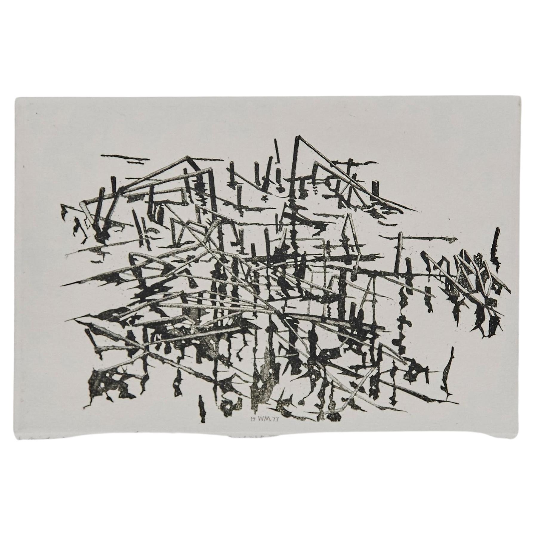 Aguafuerte abstracto en blanco y negro de artista desconocido, Holanda, hacia 1980