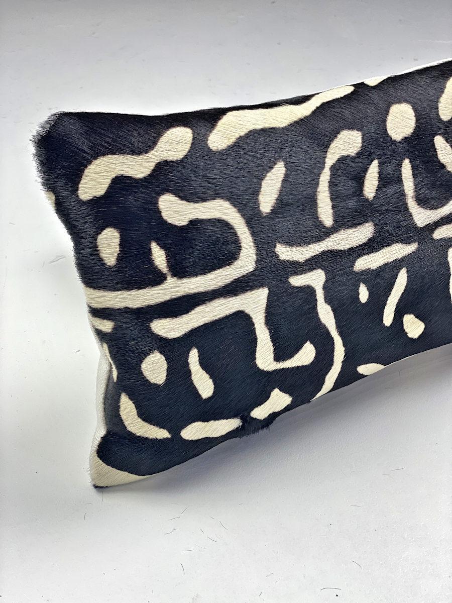 Tribal Black and White Abstract Pillow, Cowhide For Sale