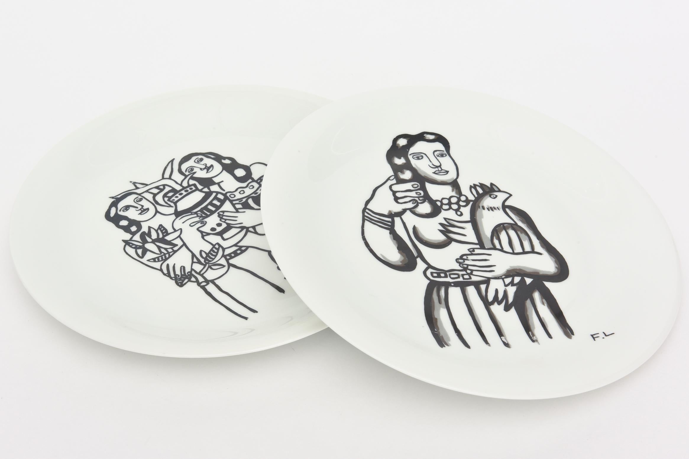 Modern Black and White After Leger Limoges Porcelain Plates Vintage Pair of Vintage For Sale