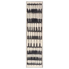 Black and White All-Over Moroccan Design Hand Knotted Modern Piled Runner