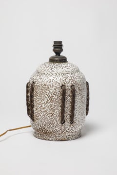 black and white art deco ceramic table lamp att. to Louis Dage 1940 design