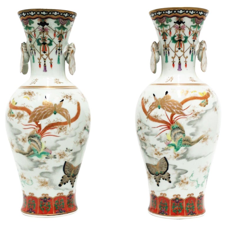 Art Deco Japanese Kutani Porcelain Vases Meiji Period, Pair For Sale