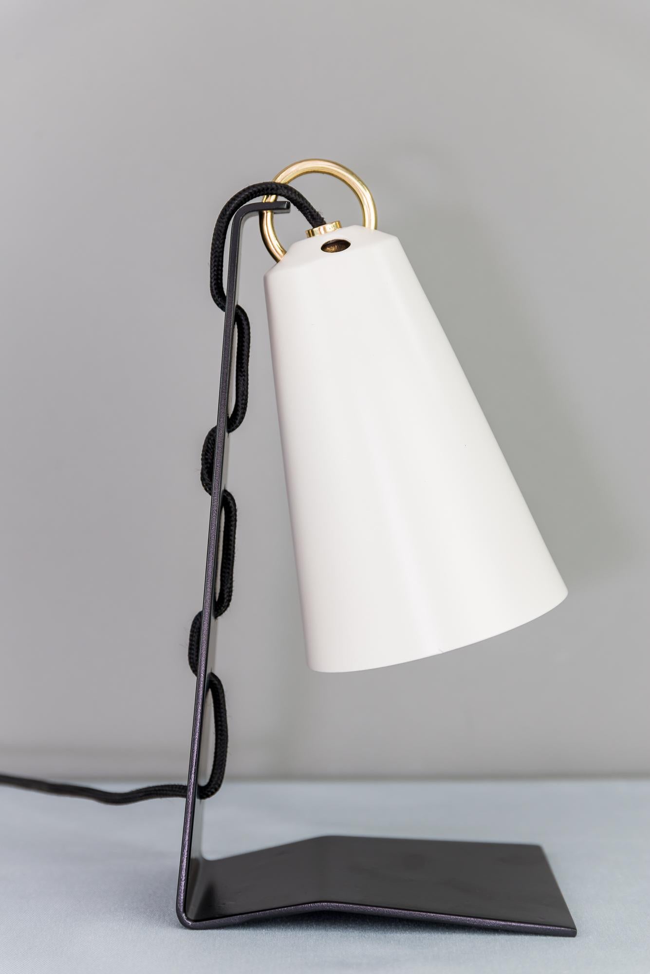 Blackened Black and White Austrian Modernist Metall Table Lamp Hook by J. T. Kalmar 1960s For Sale