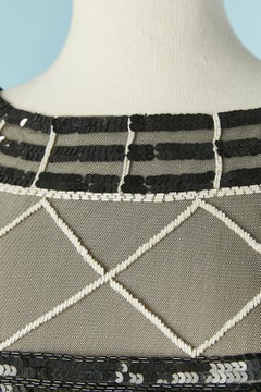 Black and white beaded see-through black tulle top