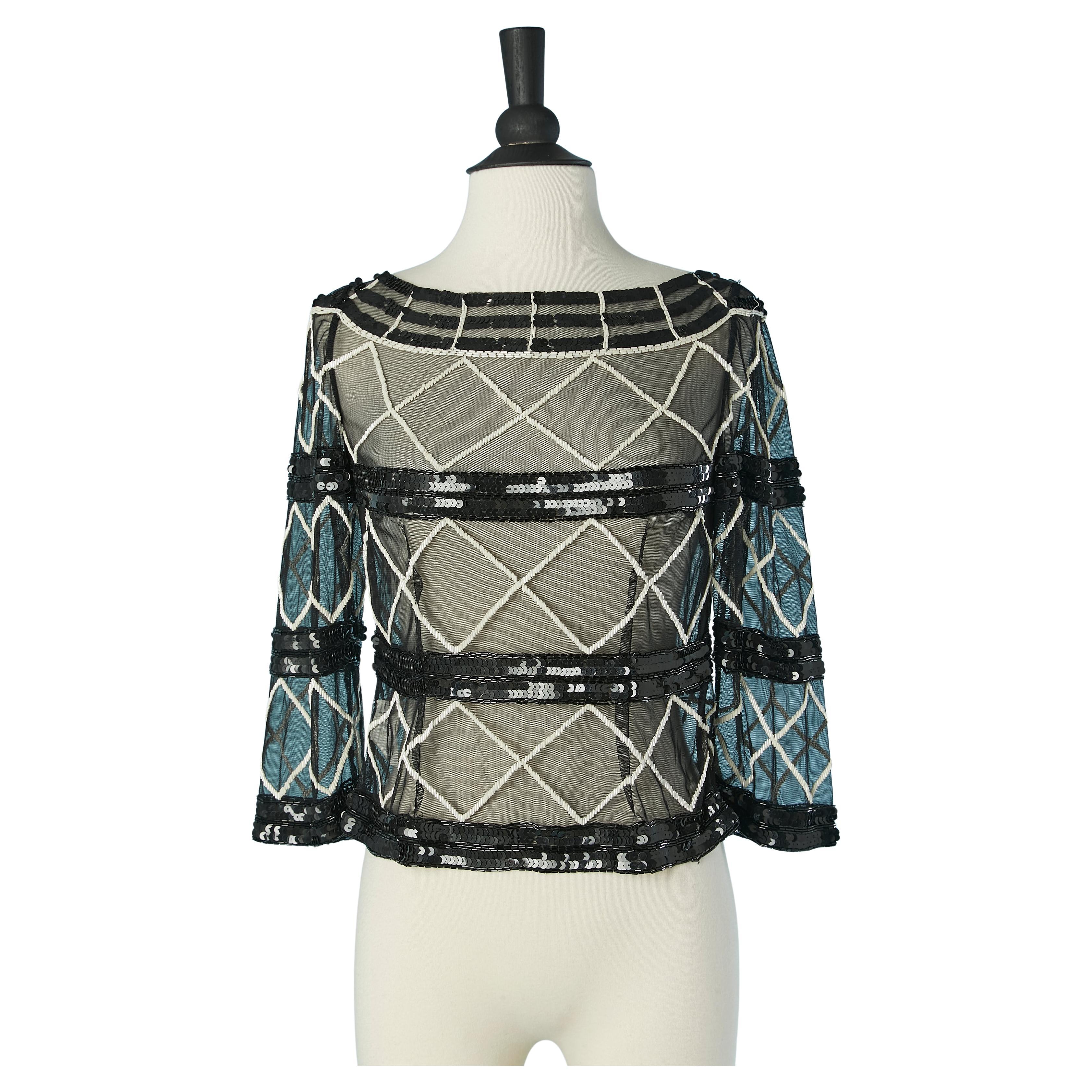Top in tulle nero e bianco con perline trasparenti in vendita