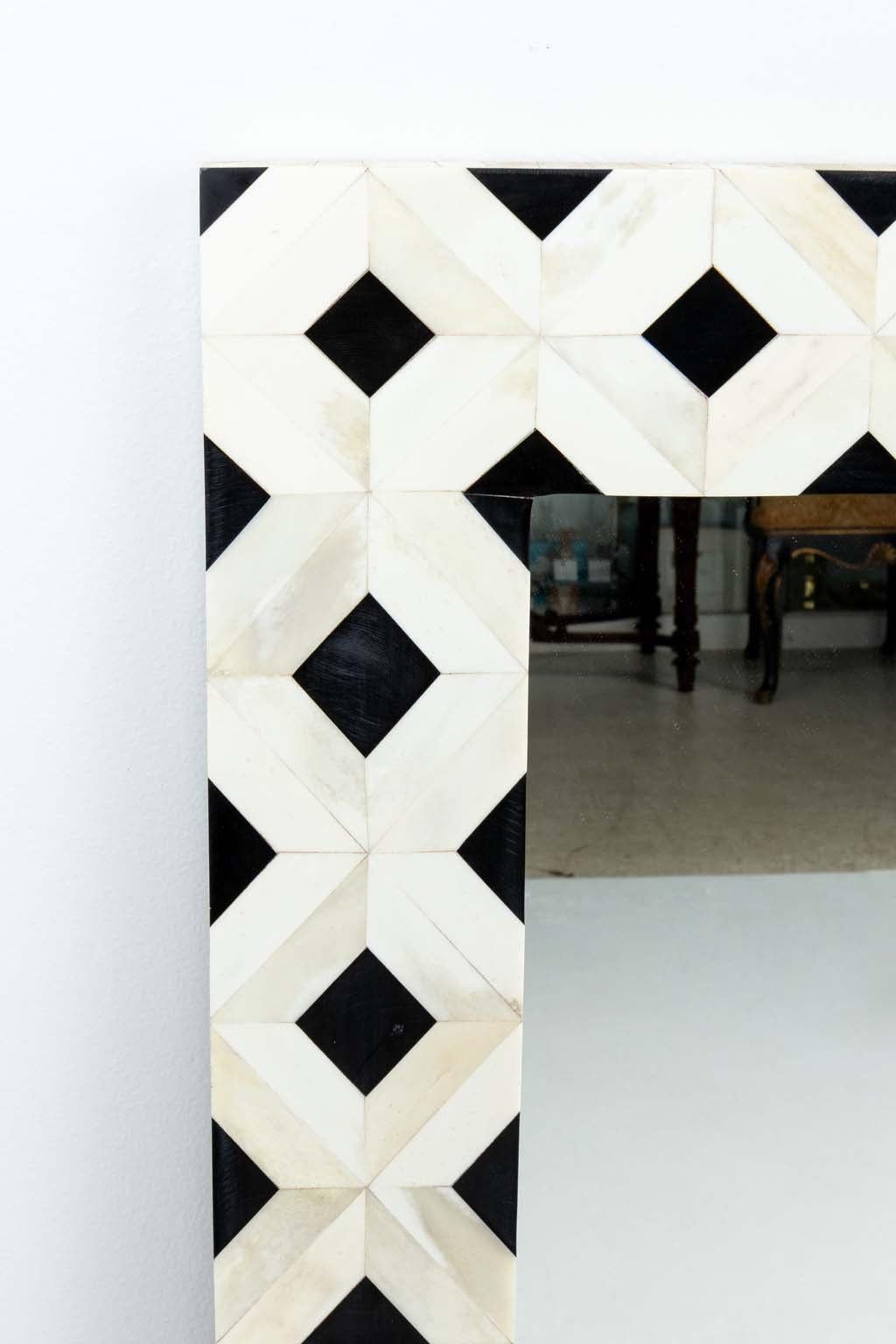 Modern Black and White Bone Geometric Form Mirror For Sale