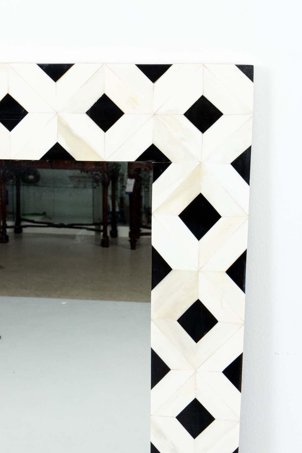 Indian Black and White Bone Geometric Form Mirror For Sale