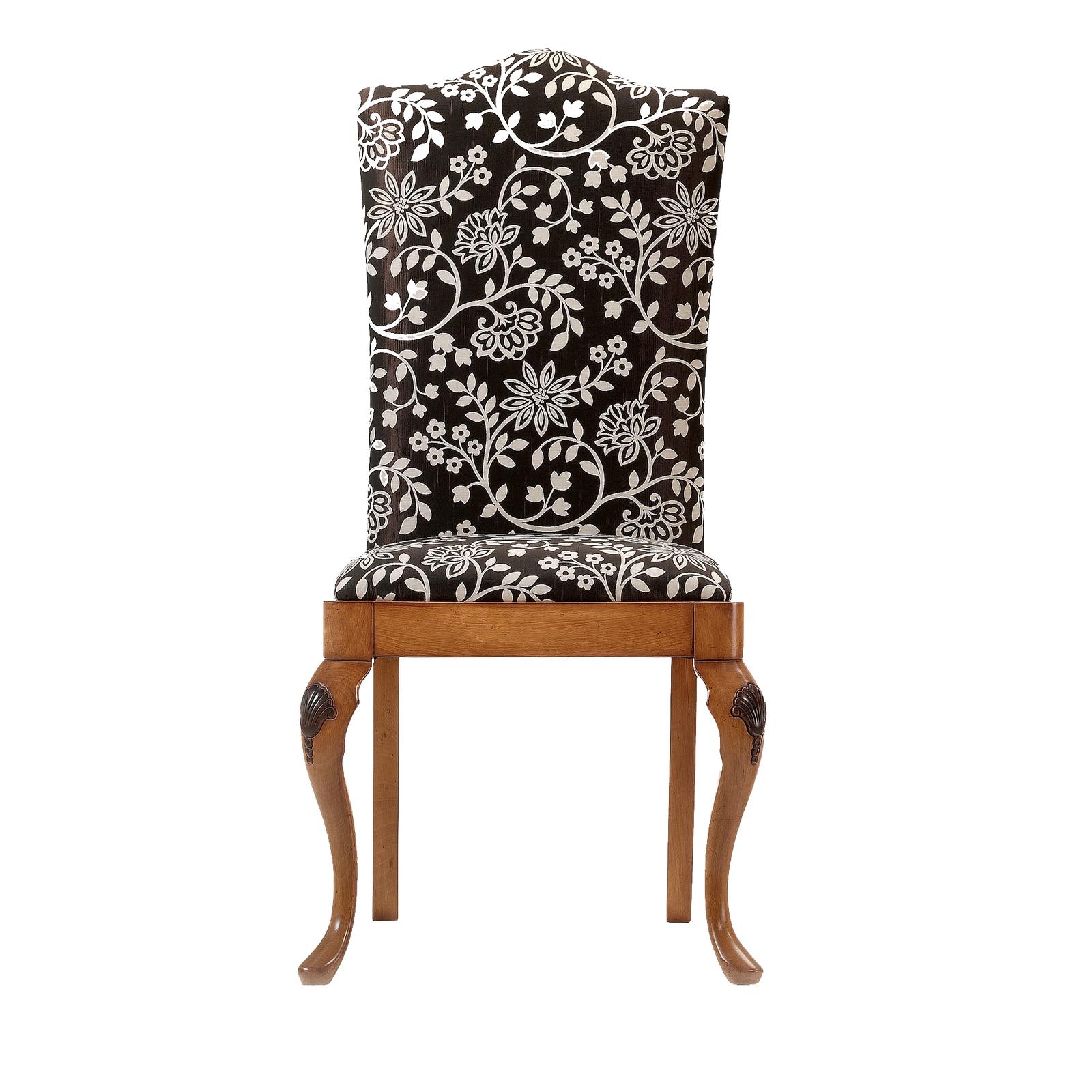 Crafted by skilled artisans, this refined chair is a modern reinterpretation of a classic Rococo style chair. The bold wooden frame is rendered in the Queen Anne style, distinguished for the scalloped top rail, tall back, and sinuous front legs. The