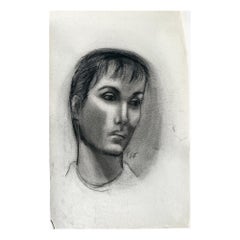 Black and White Charcoal Portrait Drawing of a Woman with Short Hair - Signed