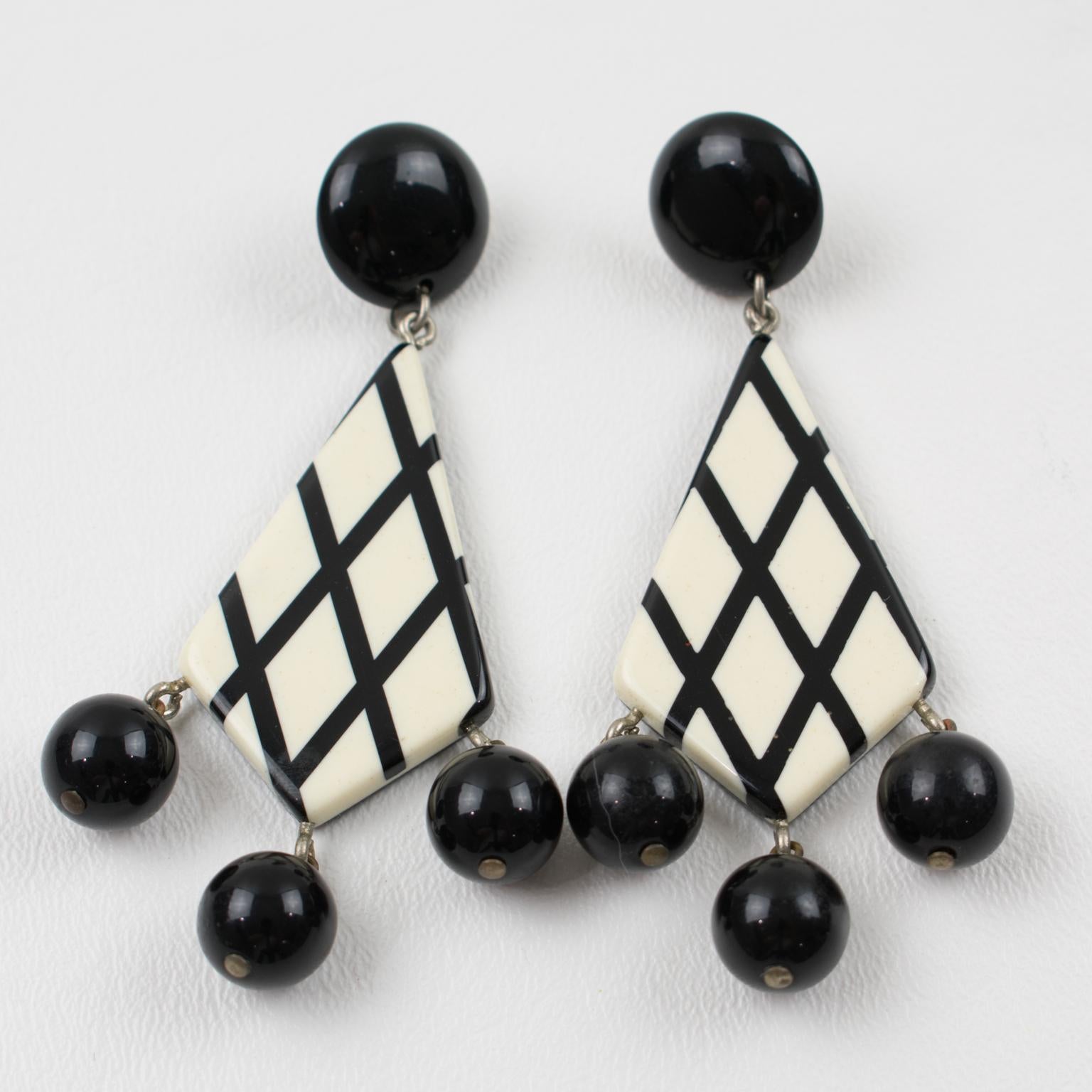 Modernist Black and White Checkerboard Lucite Pierced Earrings For Sale