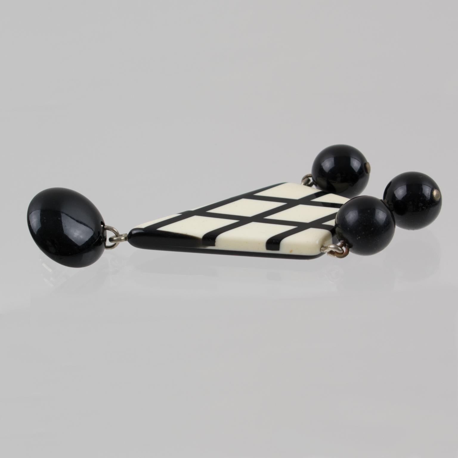 Women's or Men's Black and White Checkerboard Lucite Pierced Earrings For Sale