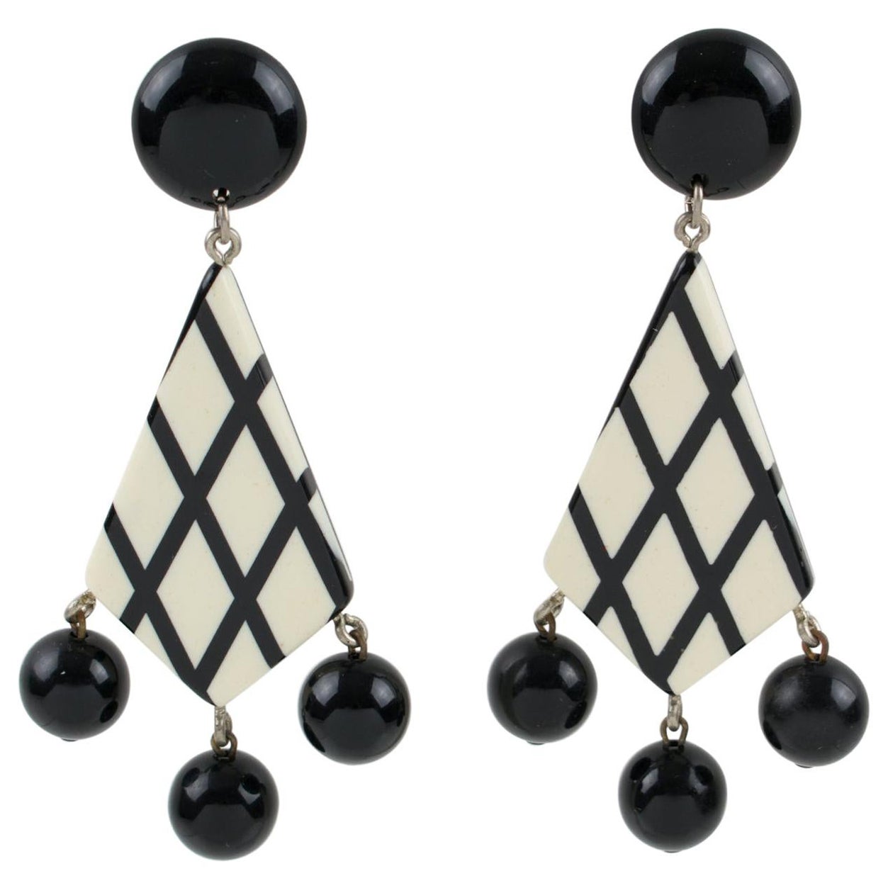 Black and White Checkerboard Lucite Pierced Earrings For Sale