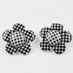 Black and White Checkerboard Resin Clip Earrings Daisy Flower