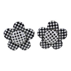Black and White Checkerboard Resin Clip Earrings Daisy Flower