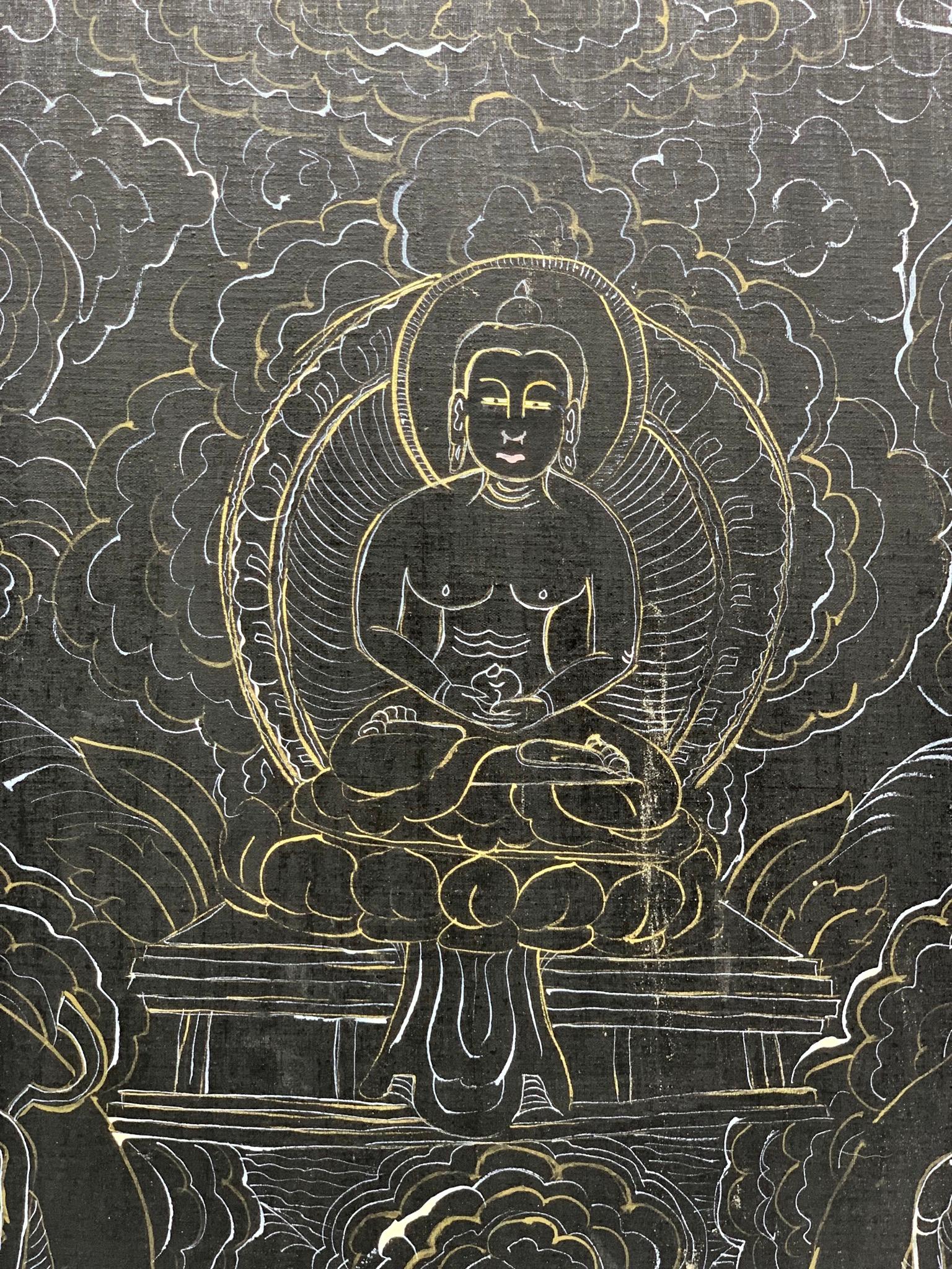 Chinoiserie Black and White Chinese Mandala with Scenes of Buddha