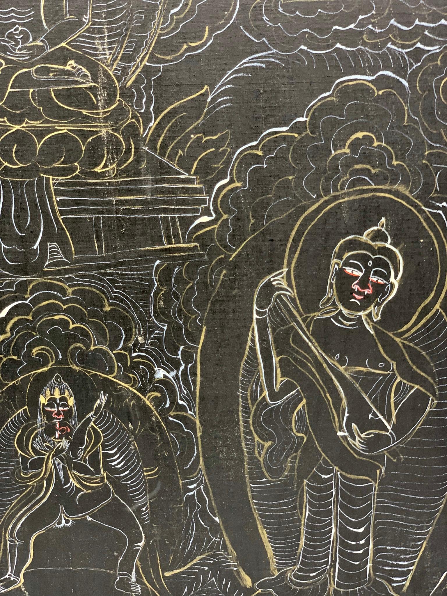 Wood Black and White Chinese Mandala with Scenes of Buddha
