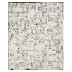 Black and White Contemporary Wool & Silk Rug with Abstract Design