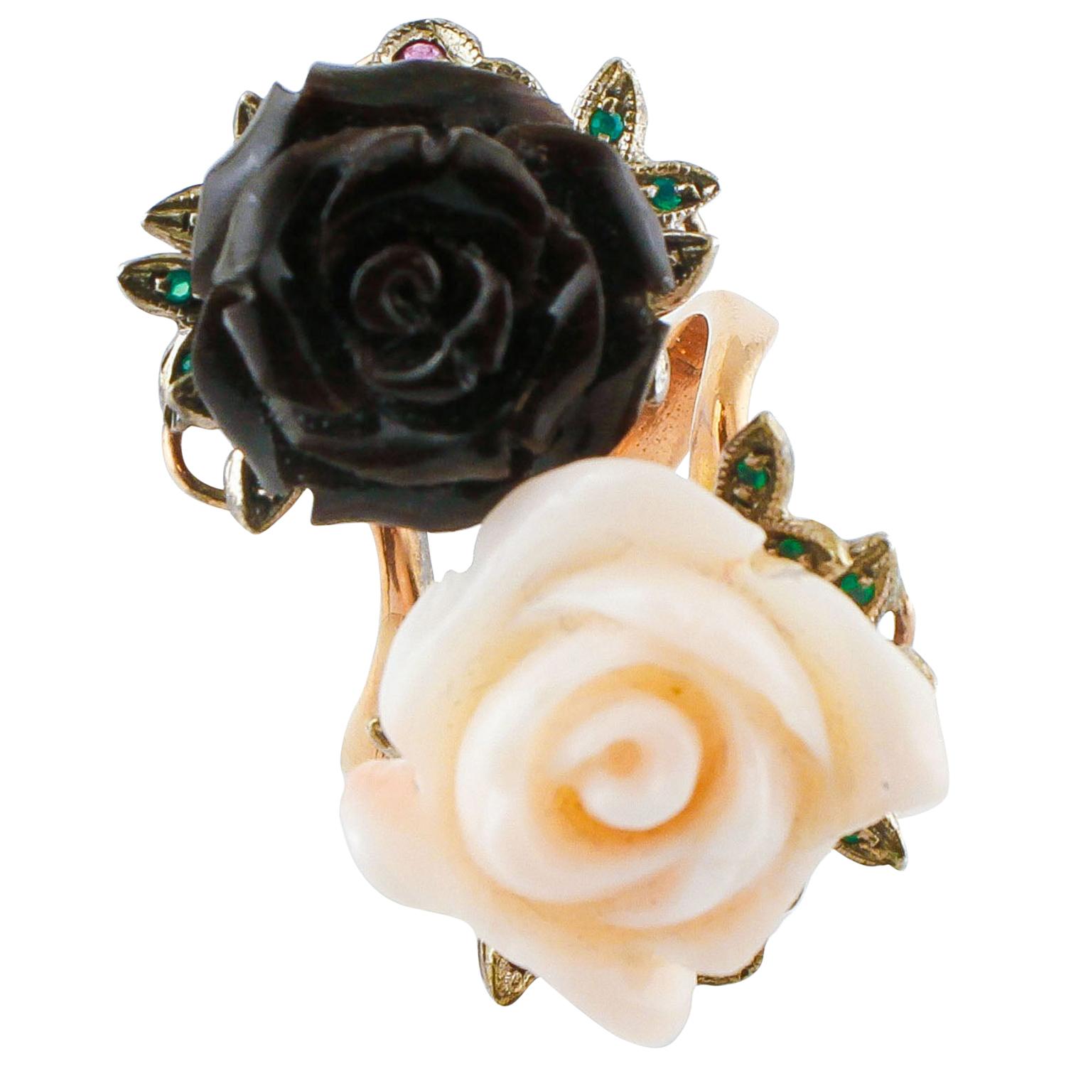 Black and Pink Coral, Emeralds, Rubies, 9 Karat Rose Gold and Silver Retro Ring