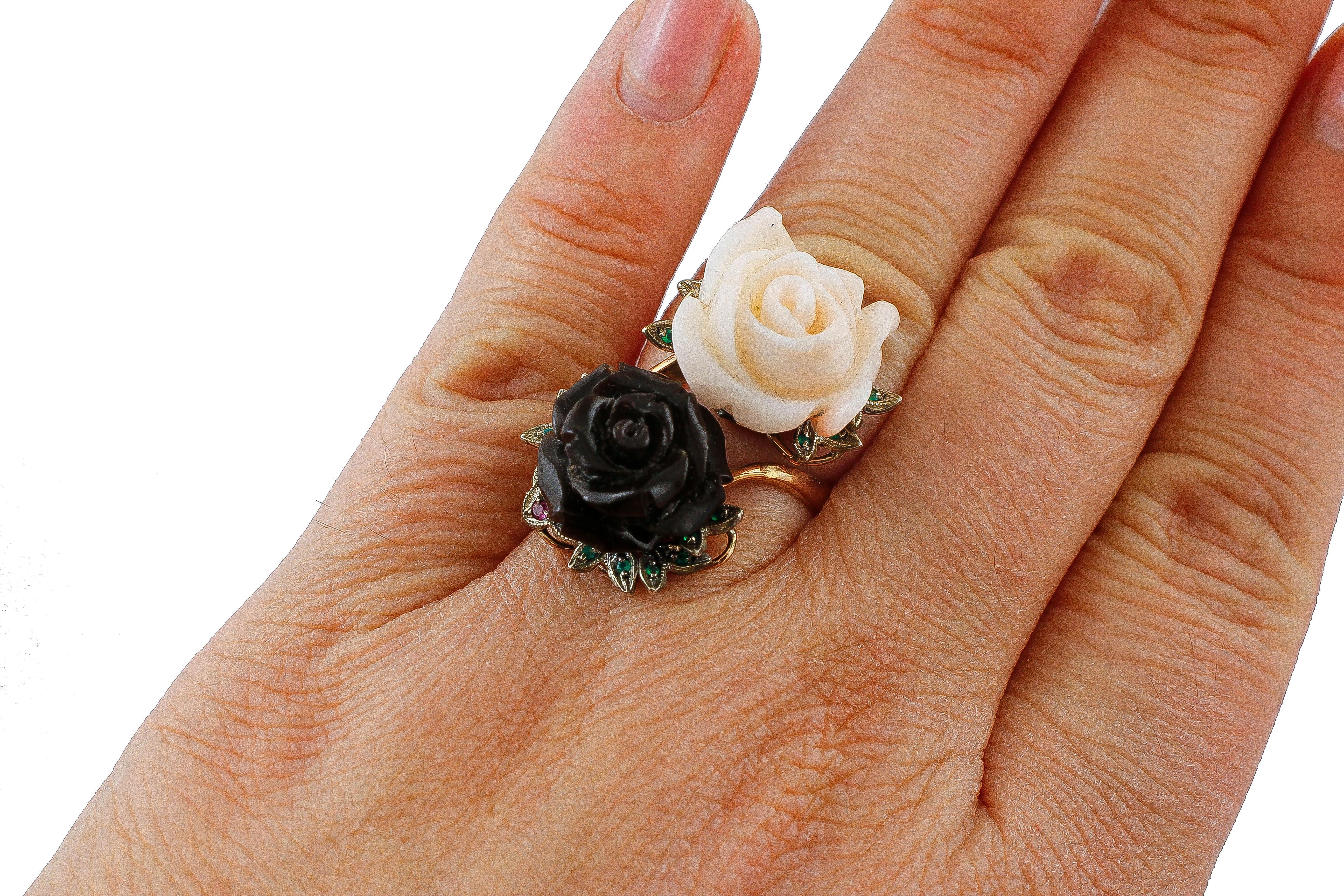 Black and Pink Coral, Emeralds, Rubies, 9 Karat Rose Gold and Silver Retro Ring 1