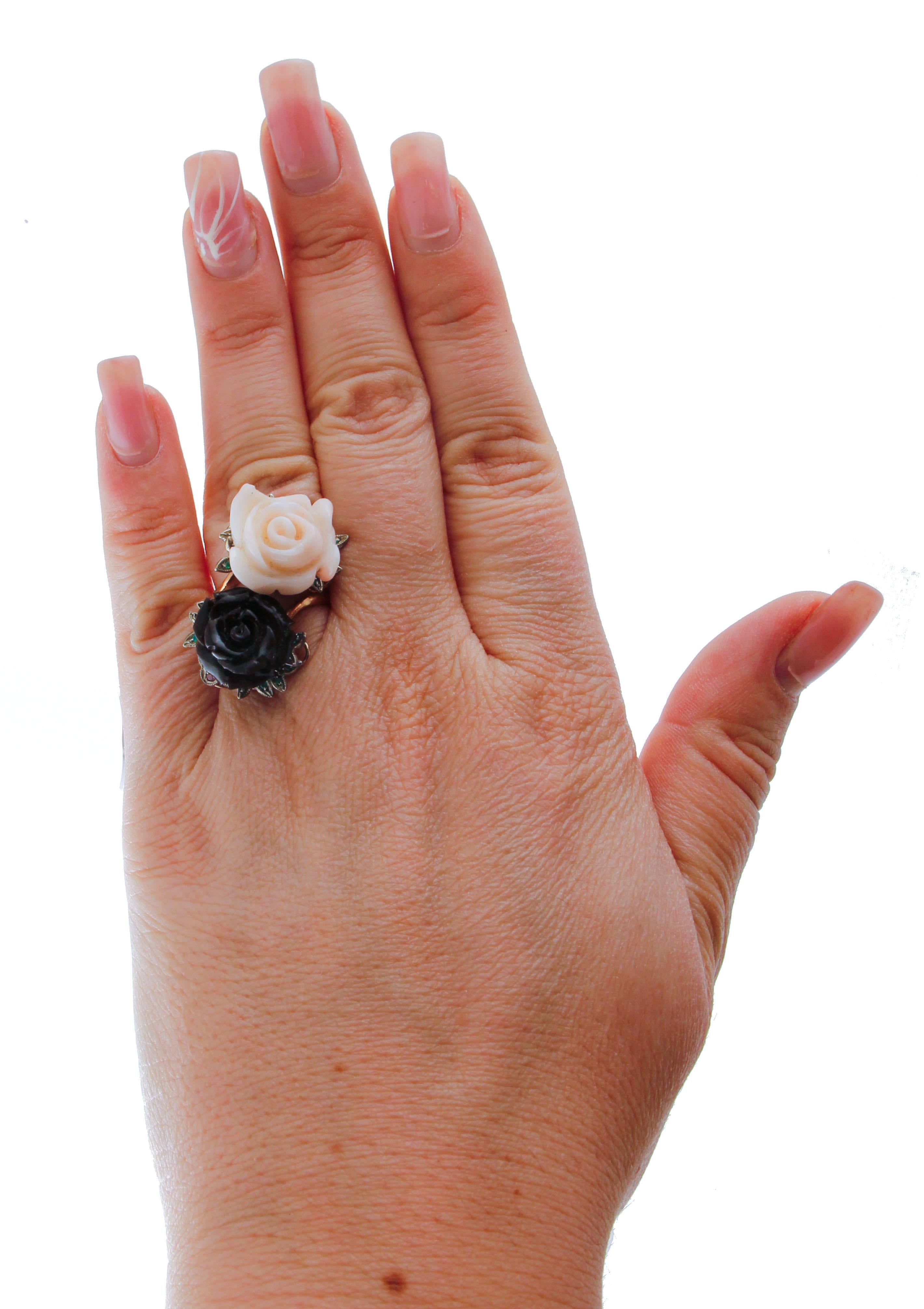 Black and Pink Coral, Emeralds, Rubies, 9 Karat Rose Gold and Silver Retro Ring 2