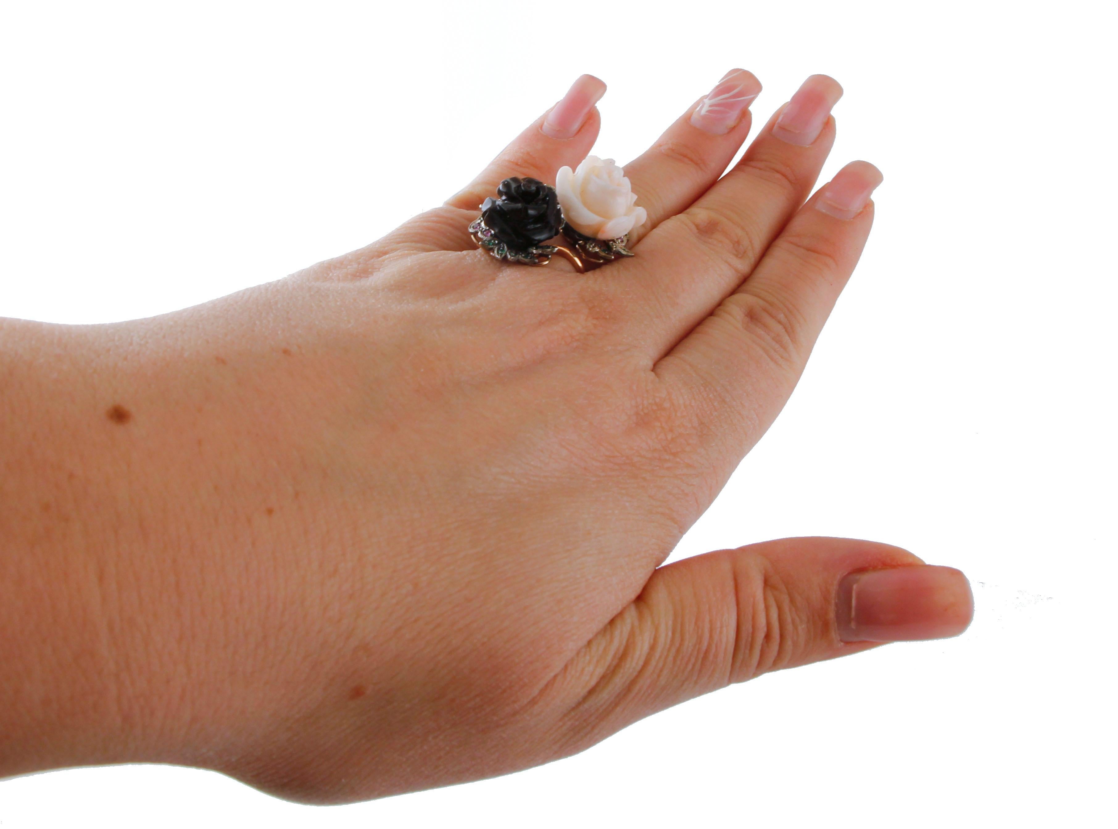 Black and Pink Coral, Emeralds, Rubies, 9 Karat Rose Gold and Silver Retro Ring 3