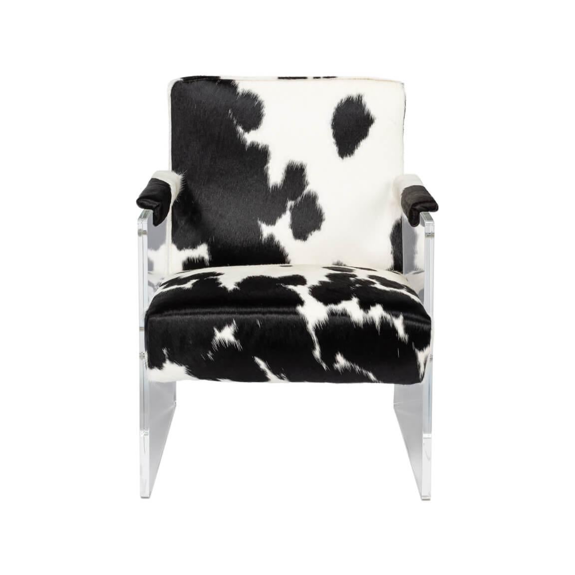 With a modern vintage-western feel, featuring luxe lucite acrylic sides and a black and white cowhide seat and back. A unique combination of materials makes this piece a true statement piece in any room. Cowhide padded arms and a deep seat make this
